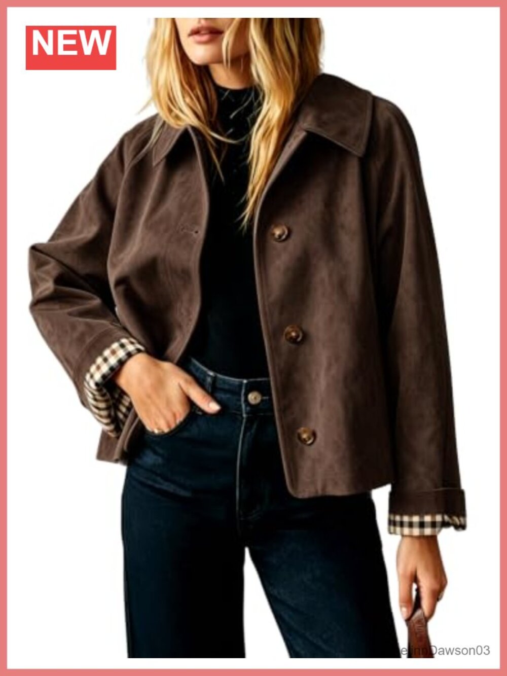 Faux Suede Cropped Trench Coat Plaid Lined Cuffs Casual Jacket